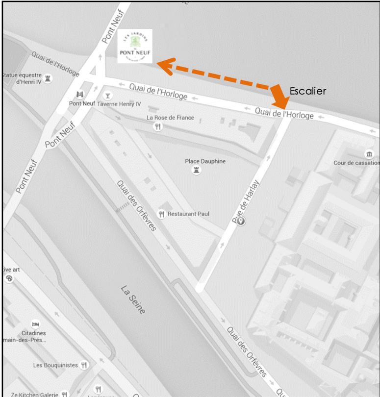 Plan d'accès à la péniche : descendre l'escalier sur le quai de l'Horloge, puis rejoindre Les Jardins du Pont Neuf